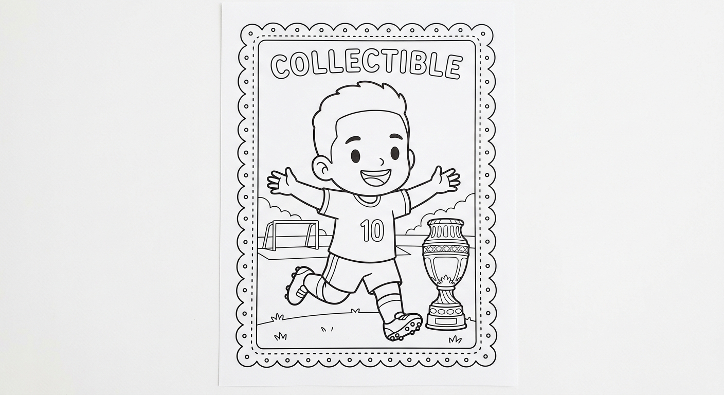 Desenho para colorir do atacante Neymar correndo comemorando em card, com troféu da Copa ao lado para pintar