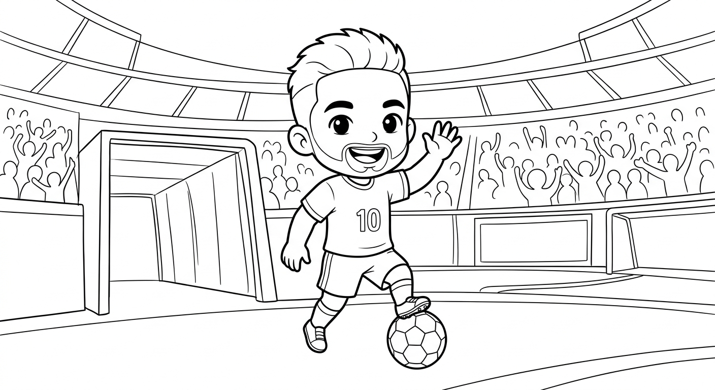 Desenho para colorir do atacante Neymar acenando à torcida no túnel do estádio em pose heroica para pintar