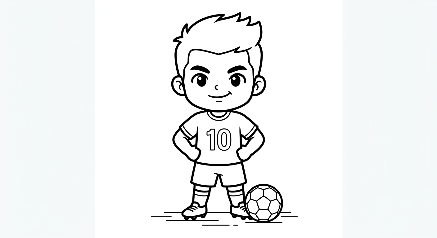 Desenho para colorir do atacante Neymar em pose oficial heroica vista de baixo para pintar