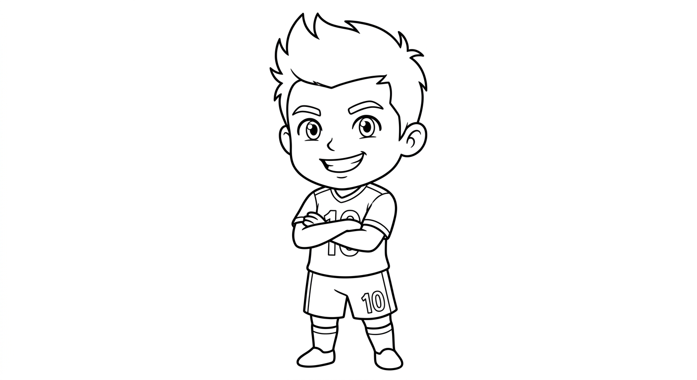 Desenho para colorir do atacante Neymar em close, de braços cruzados confiante, com bola e estrelas para pintar