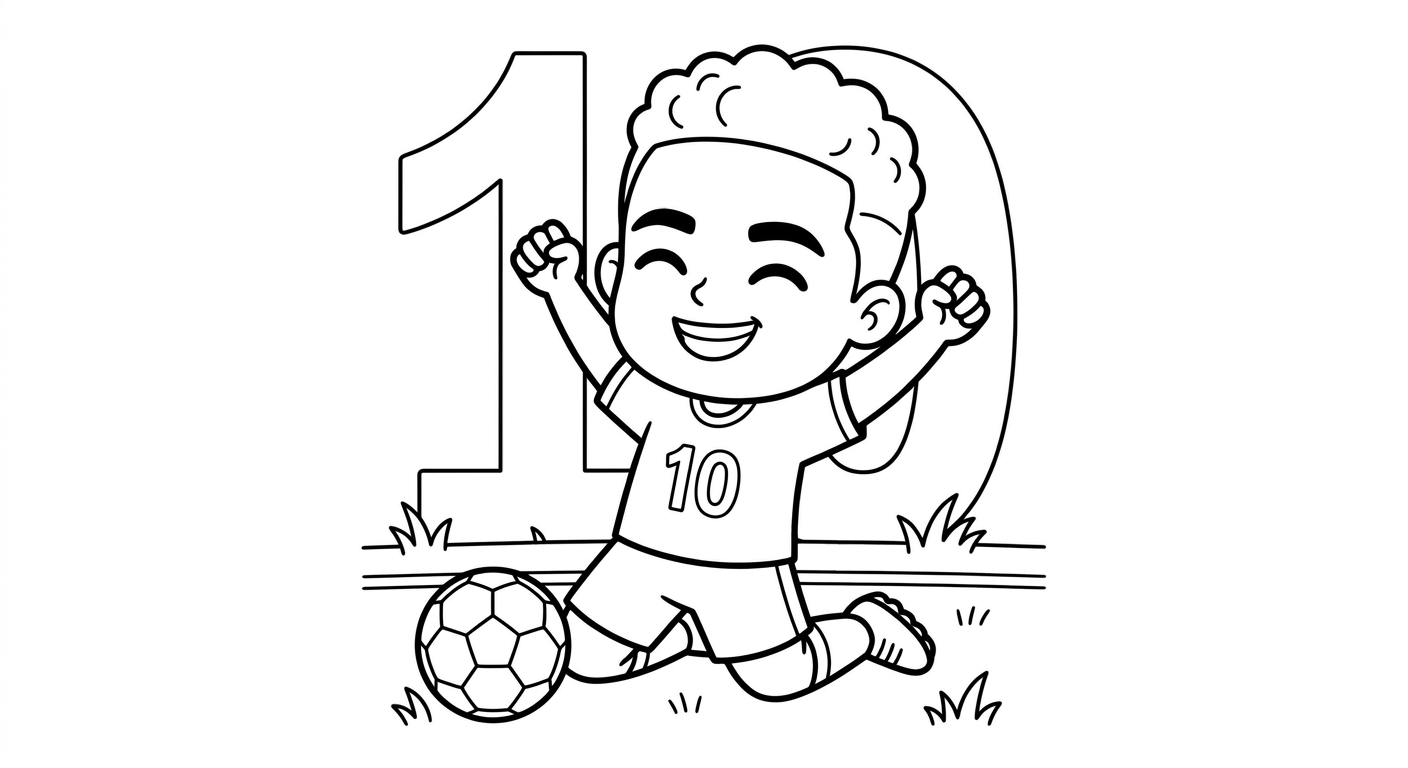 Desenho para colorir do atacante Neymar deslizando de joelhos comemorando gol com número grande ao fundo para pintar