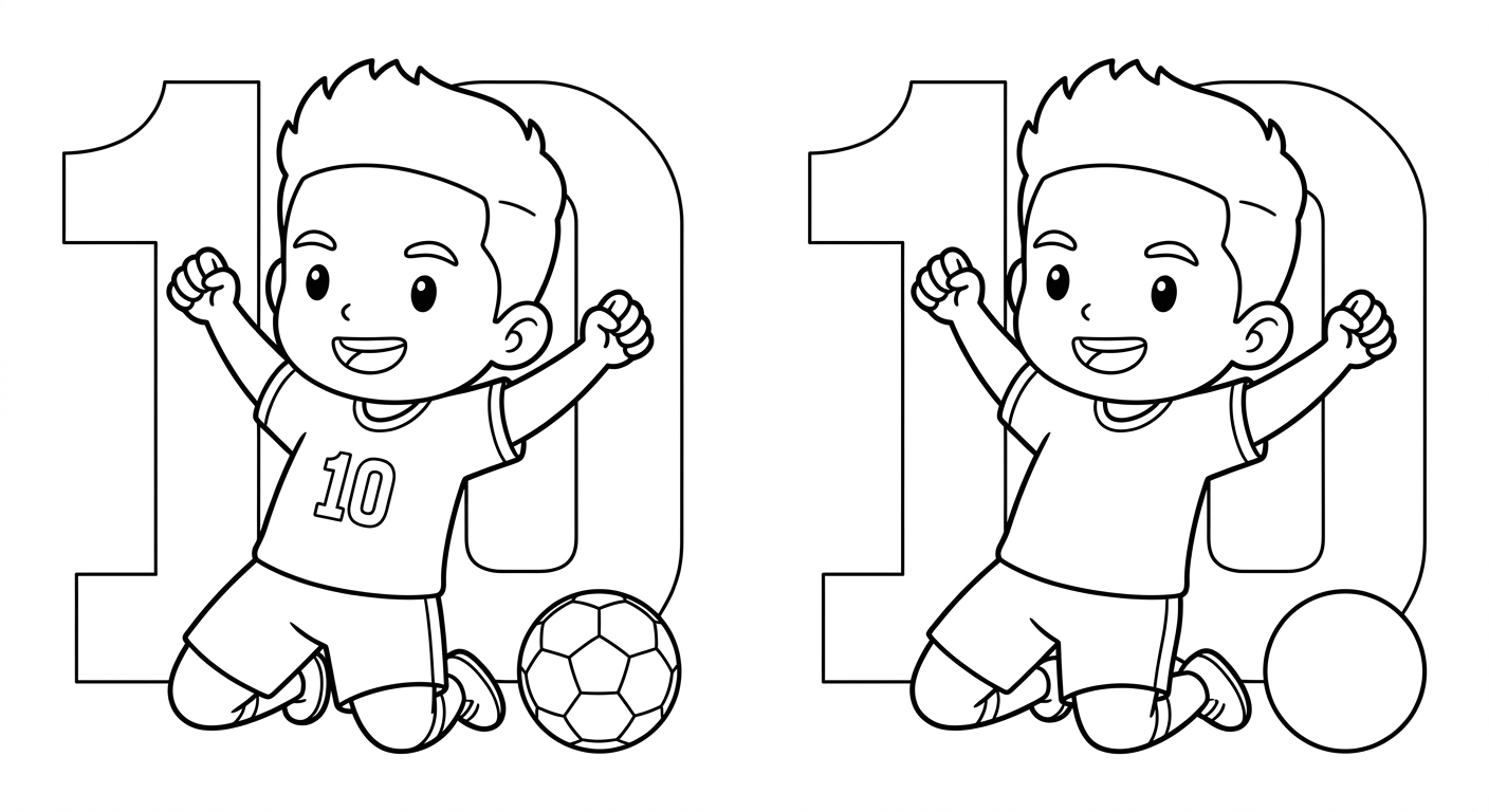 Desenho para colorir do atacante Neymar deslizando de joelhos celebrando gol com número ao fundo para imprimir