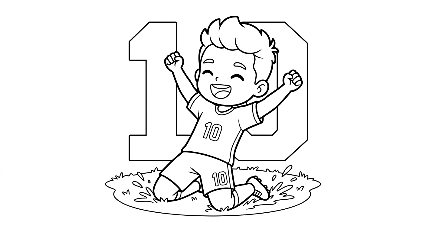 Desenho para colorir do atacante Neymar deslizando de joelhos com bola, estrelas e número grande ao fundo