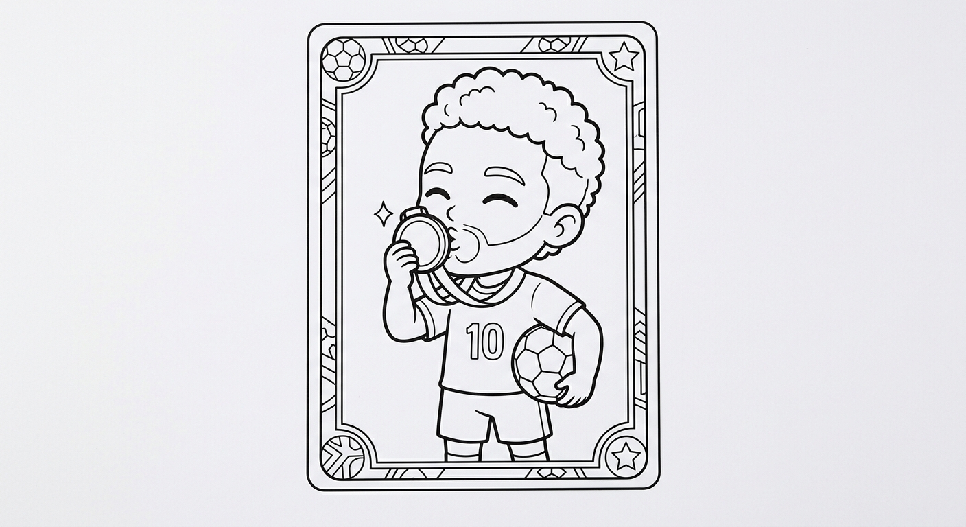 Desenho para colorir do atacante Neymar beijando medalha de campeão em card colecionável para pintar