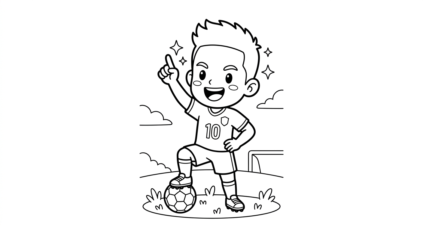 Desenho para colorir do atacante Neymar apontando ao céu em pose heroica com bola e estrelas para pintar
