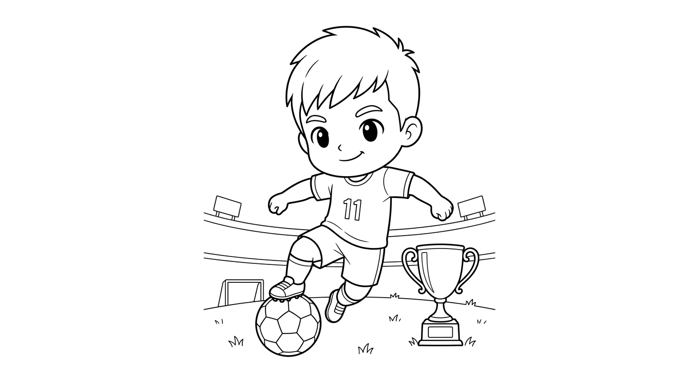 Desenho para colorir do atacante Raphinha saltando com bola sob o pé e troféu ao lado para pintar