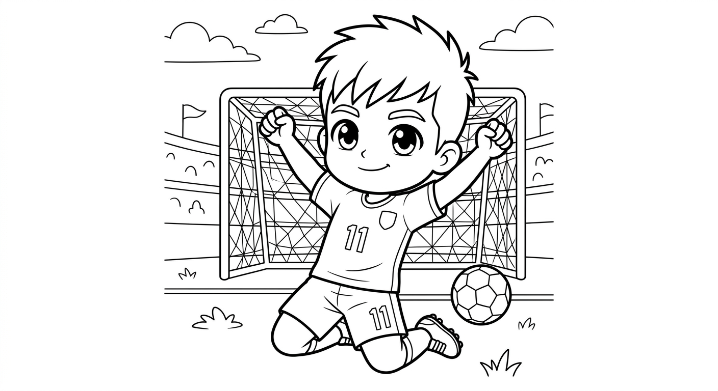 Desenho para colorir do atacante Raphinha comemorando gol deslizando de joelhos diante do gol para pintar