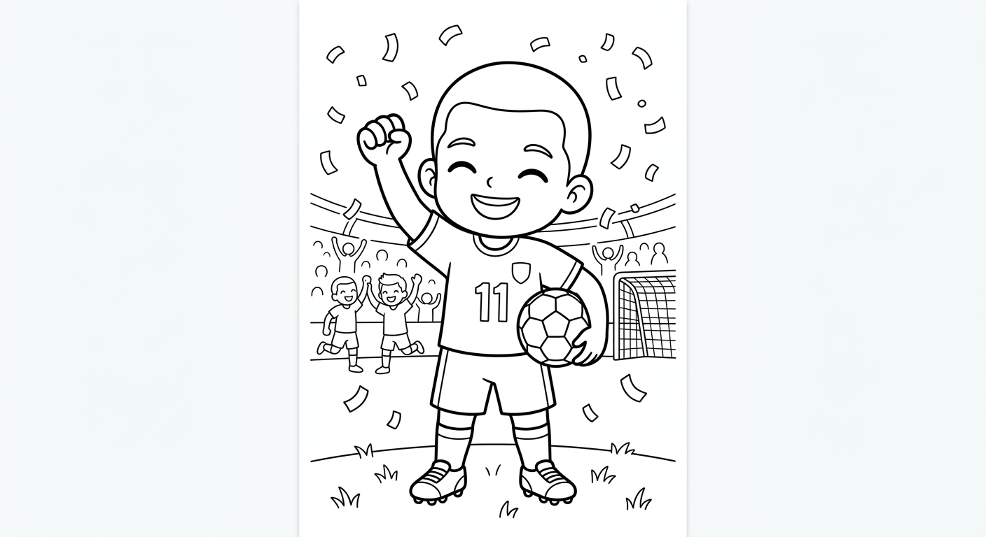 Desenho para colorir do atacante Raphinha comemorando com soco no ar sob chuva de confete para pintar
