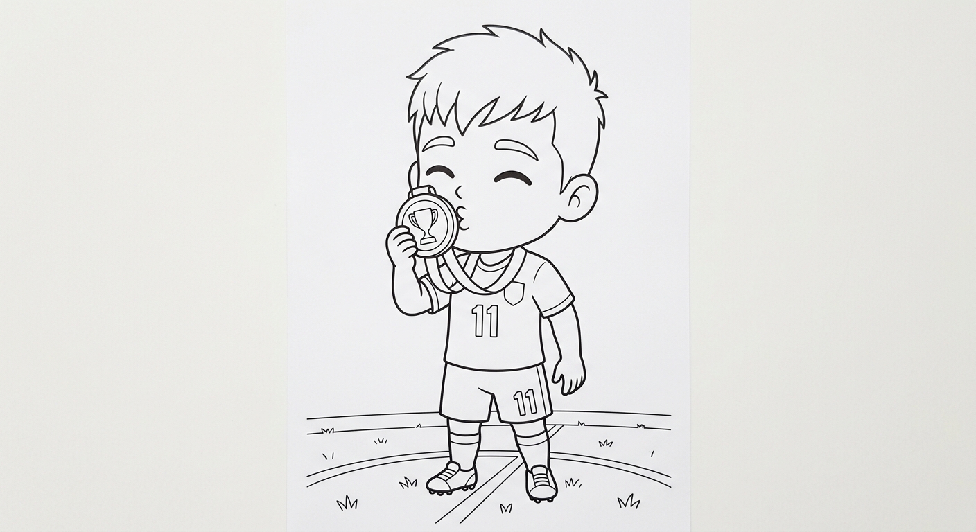 Desenho para colorir do atacante Raphinha beijando medalha de campeão no gramado do estádio