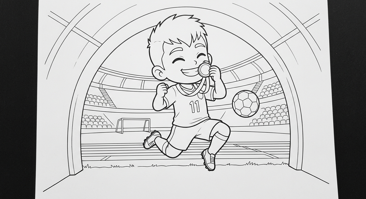 Desenho para colorir do atacante Raphinha beijando a medalha de campeão no túnel para pintar