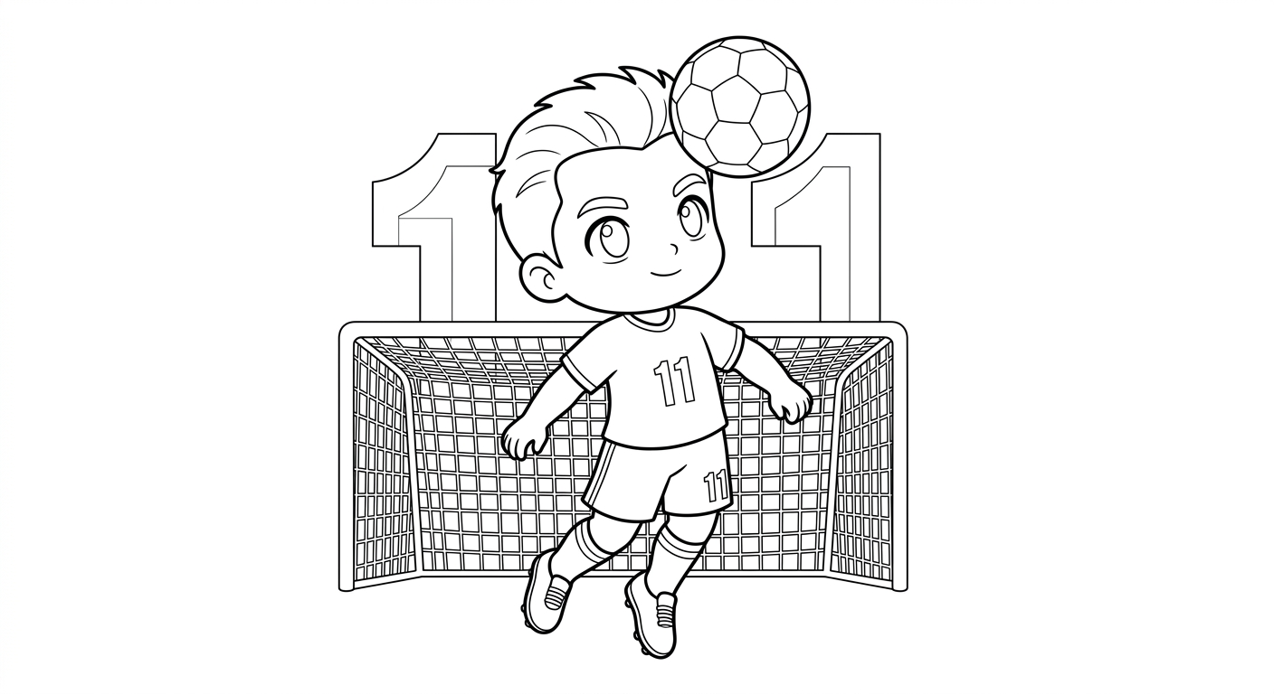 Desenho para colorir do atacante Raphinha cabeceando alto diante do gol, com número ao fundo para imprimir