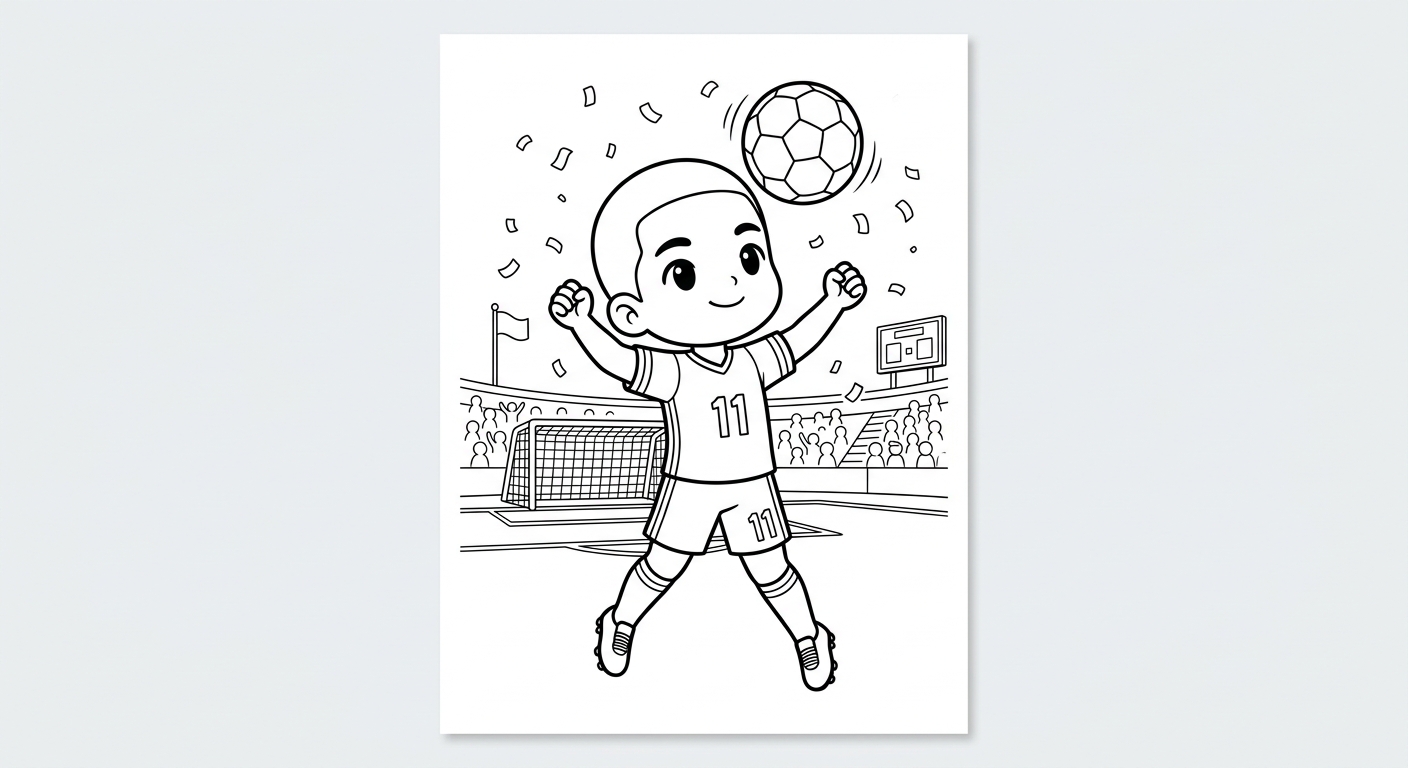 Desenho para colorir do atacante Raphinha cabeceando a bola no alto entre confetes de comemoração para pintar