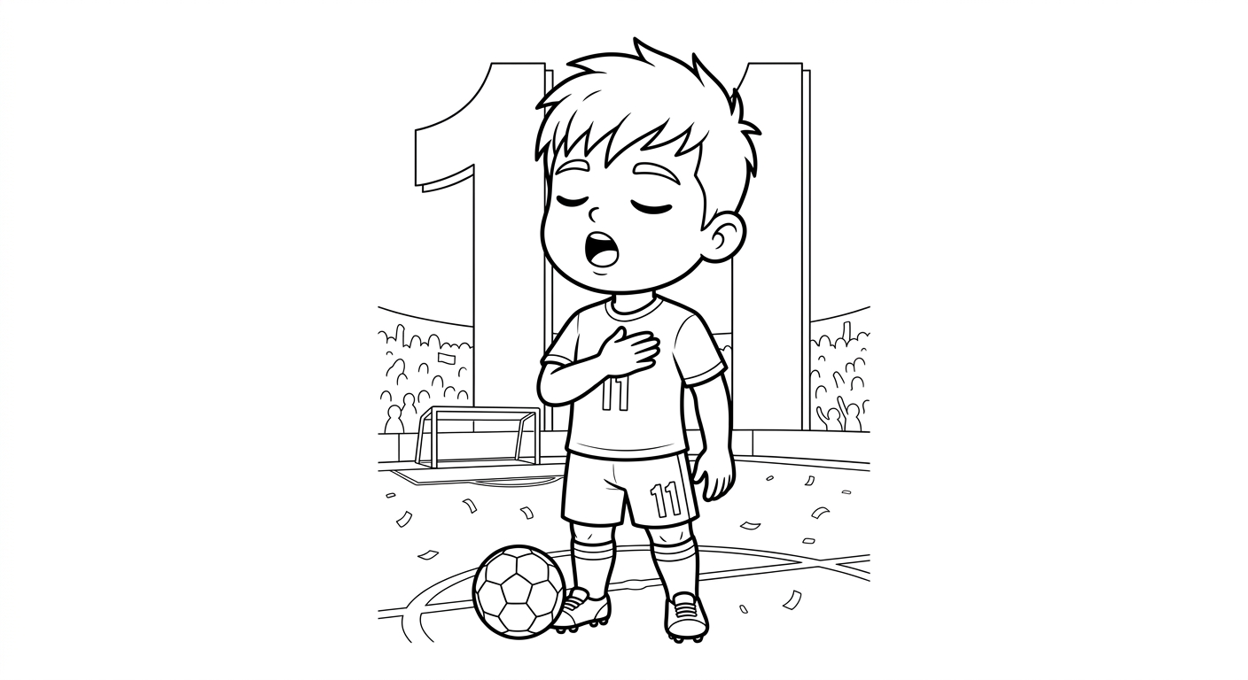 Desenho para colorir do atacante Raphinha cantando hino com mão ao peito, confete e número ao fundo