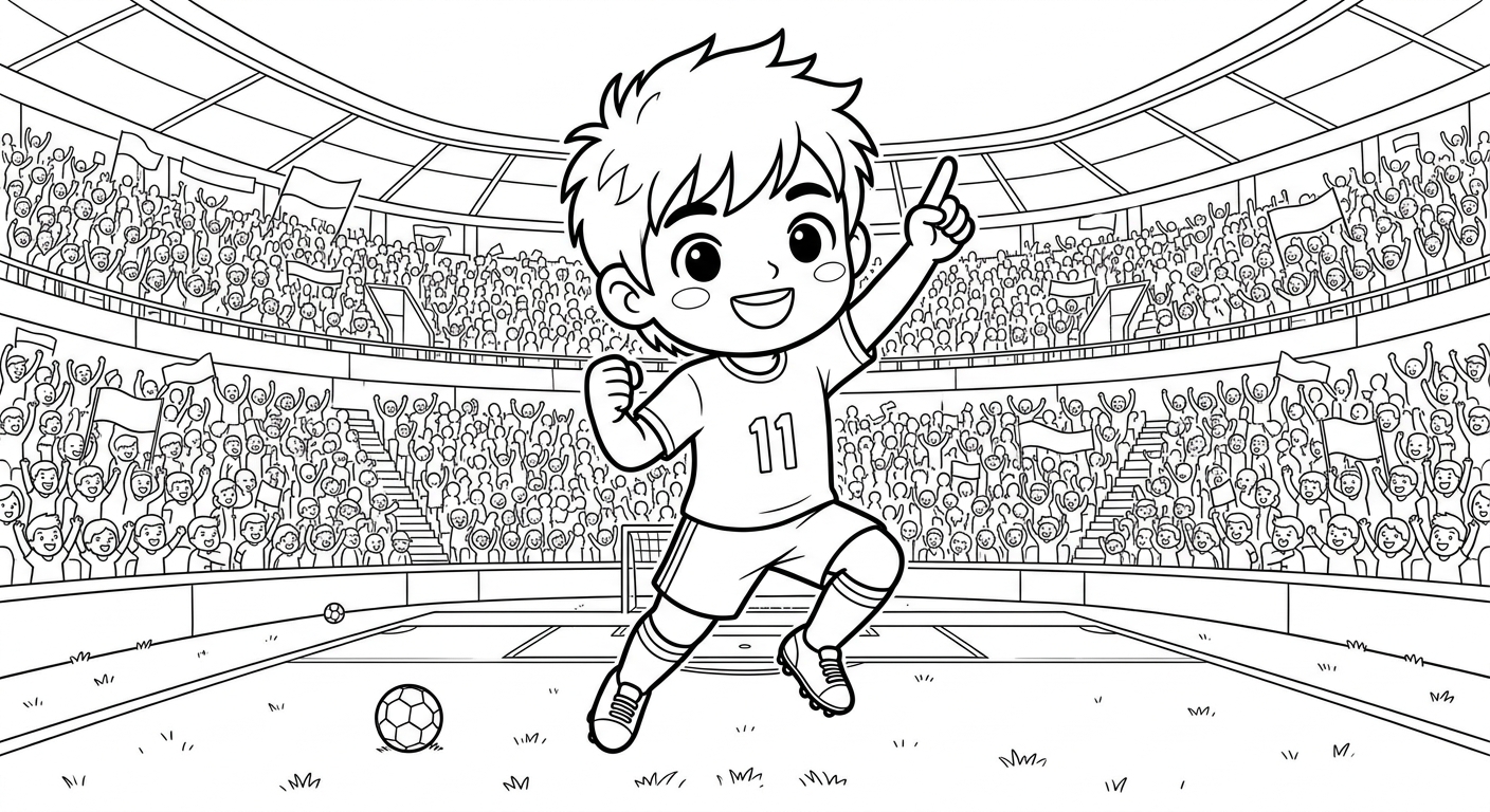Desenho para colorir do atacante Raphinha apontando para o céu em salto no estádio lotado