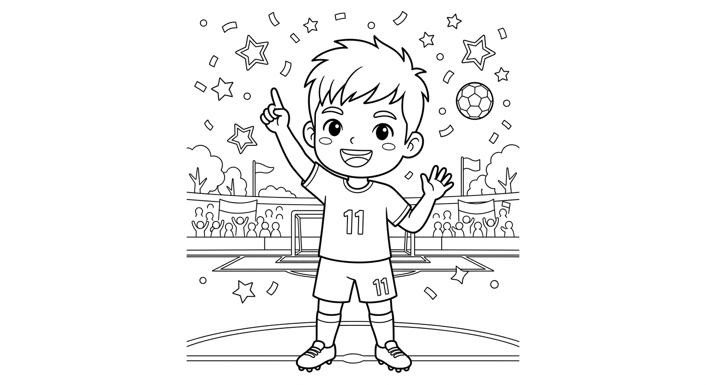 Desenho para colorir do atacante Raphinha apontando para o céu sob chuva de confete para pintar