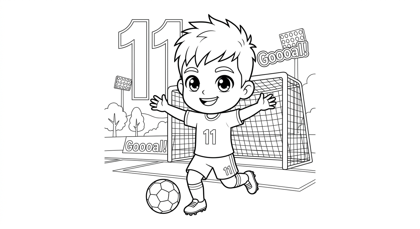Desenho para colorir do atacante Raphinha comemorando de braços abertos diante do gol para pintar