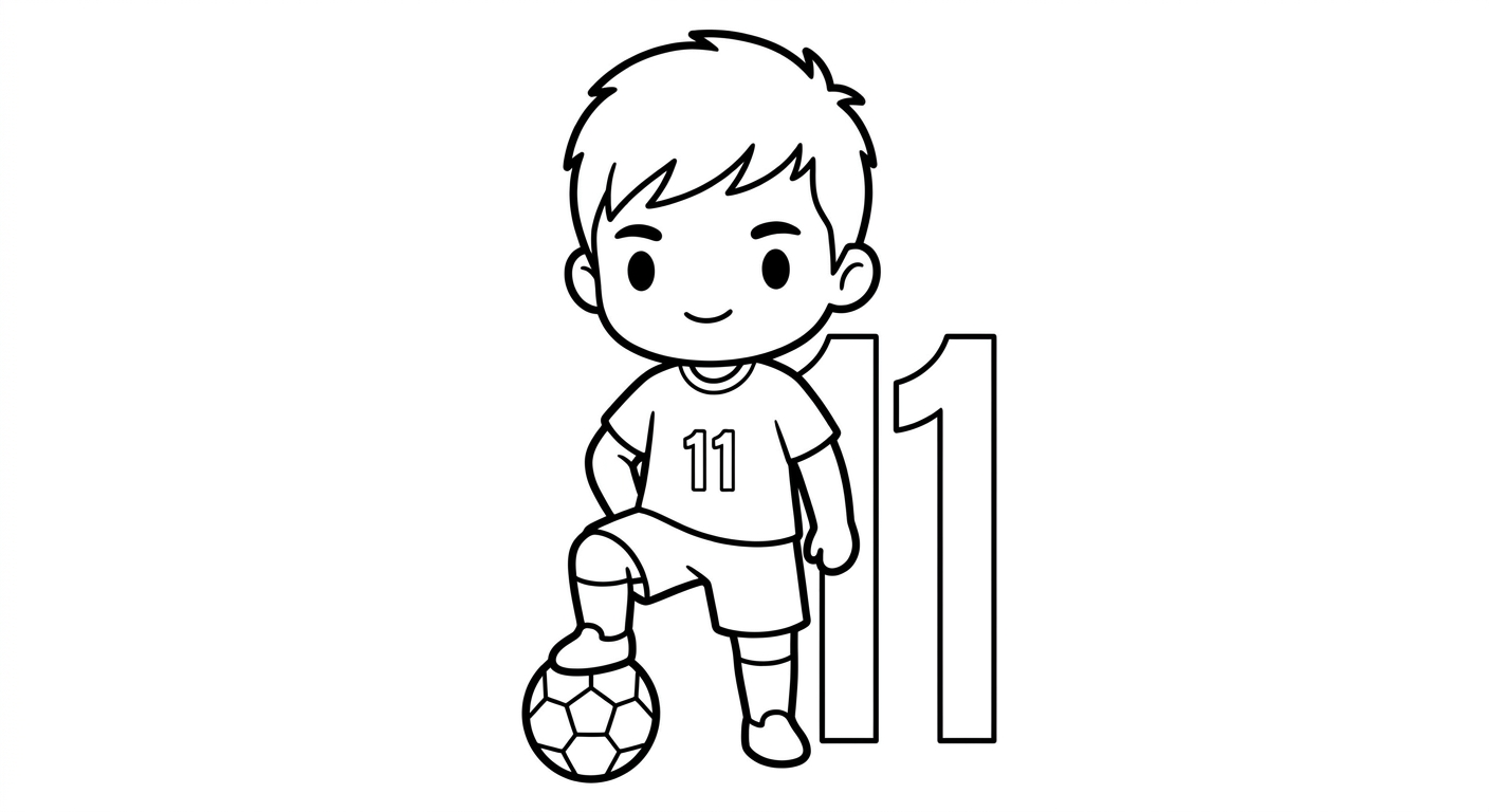 Desenho para colorir do atacante Raphinha pisando na bola com número grande da camisa ao fundo para pintar
