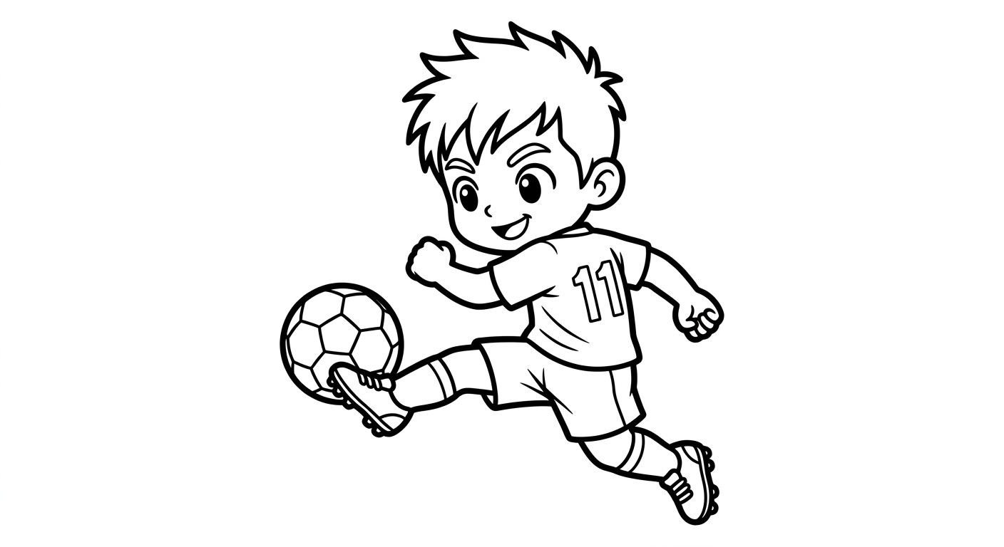 Desenho para colorir do atacante Raphinha chutando forte a gol, figura inteira centralizada para imprimir