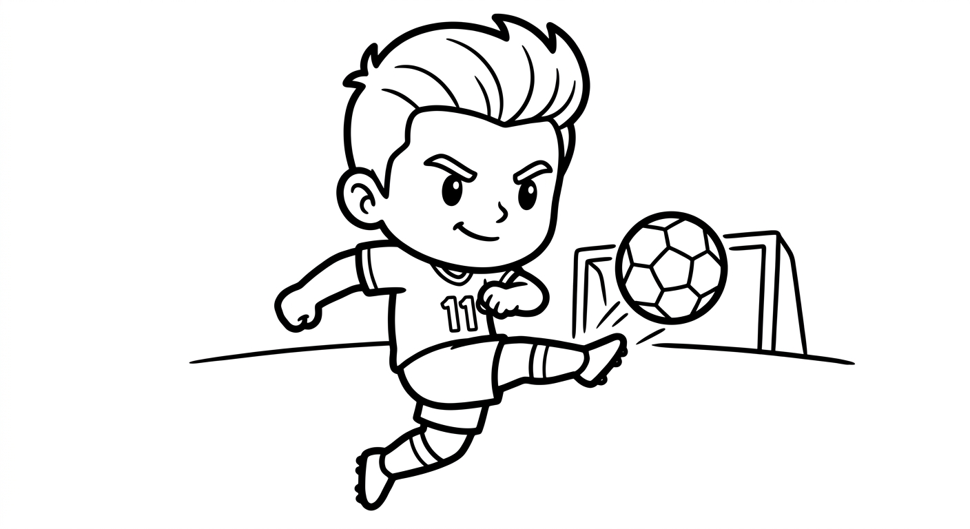 Desenho para colorir do atacante Raphinha chutando forte a gol, visto de baixo, com bola e estrelas decorativas
