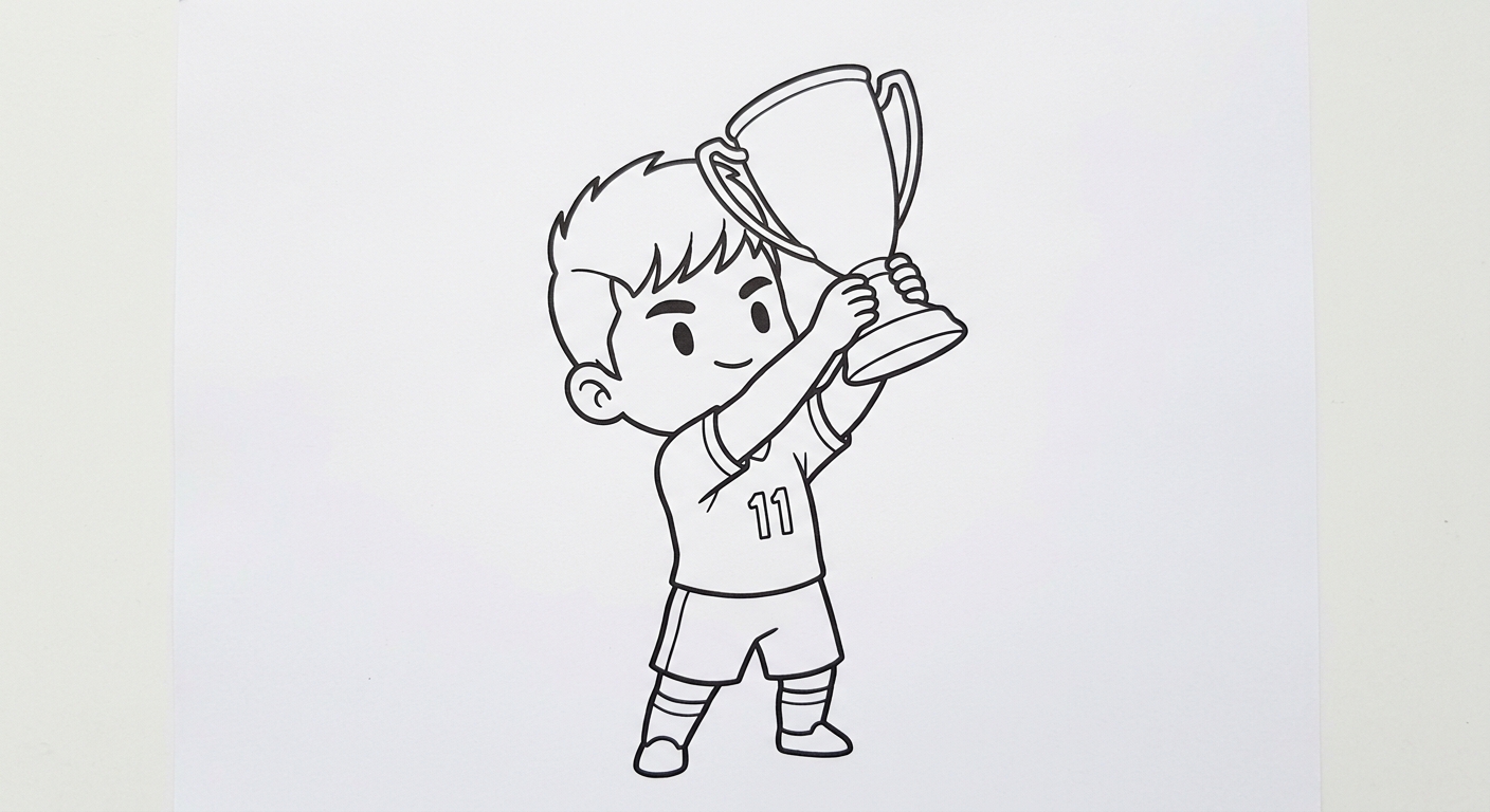 Desenho para colorir do atacante Raphinha erguendo troféu visto de baixo com bola e estrelas decorativas para pintar