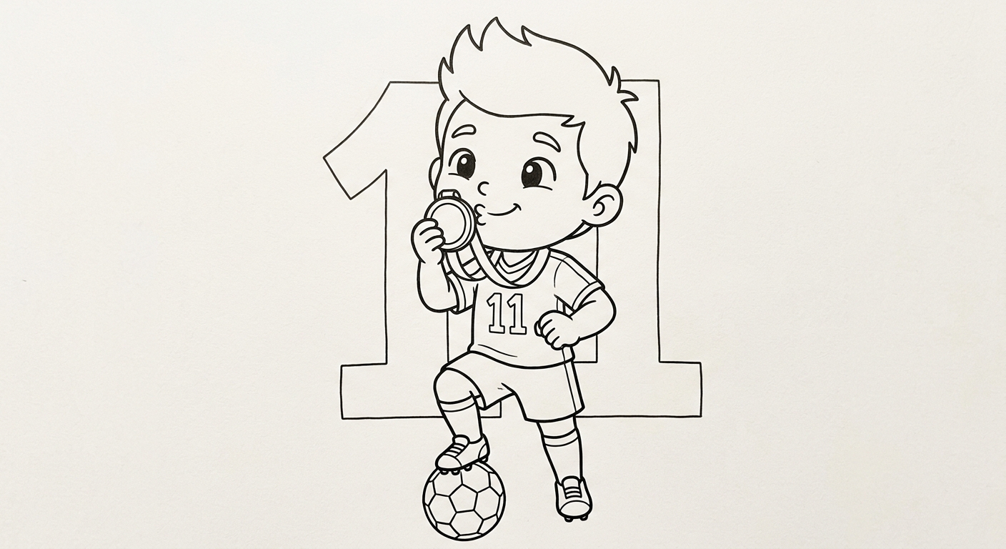 Desenho para colorir do atacante Raphinha beijando medalha com bola, estrelas e número ao fundo para pintar