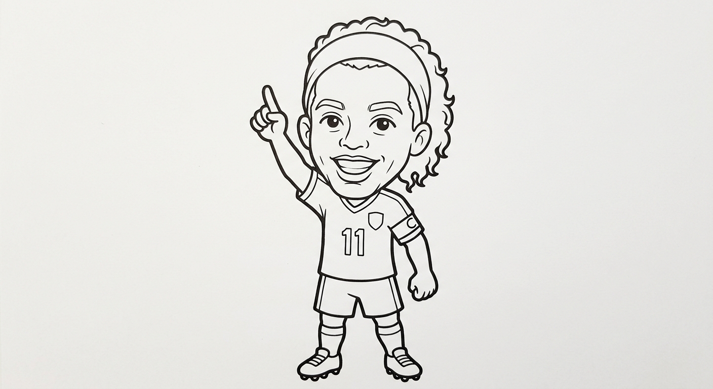 Desenho para colorir do atacante Raphinha, busto em close apontando para o céu para pintar