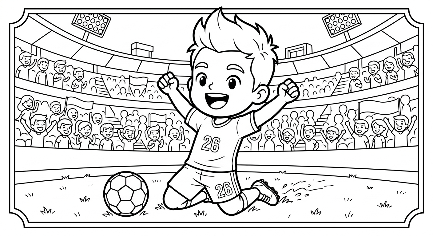 Desenho para colorir do atacante Rayan comemorando gol deslizando de joelhos em estádio lotado, card colecionável para pintar