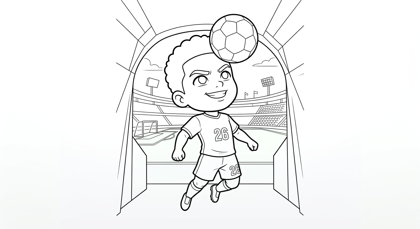 Desenho para colorir do atacante Rayan cabeceando a bola no túnel do estádio em pose heroica para pintar