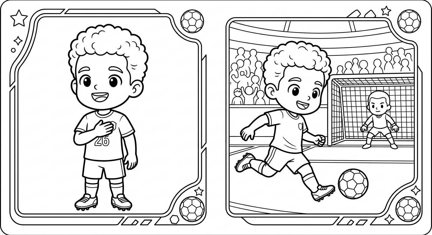 Desenho para colorir do atacante Rayan cantando hino, mão no peito, antes do pênalti com torcida