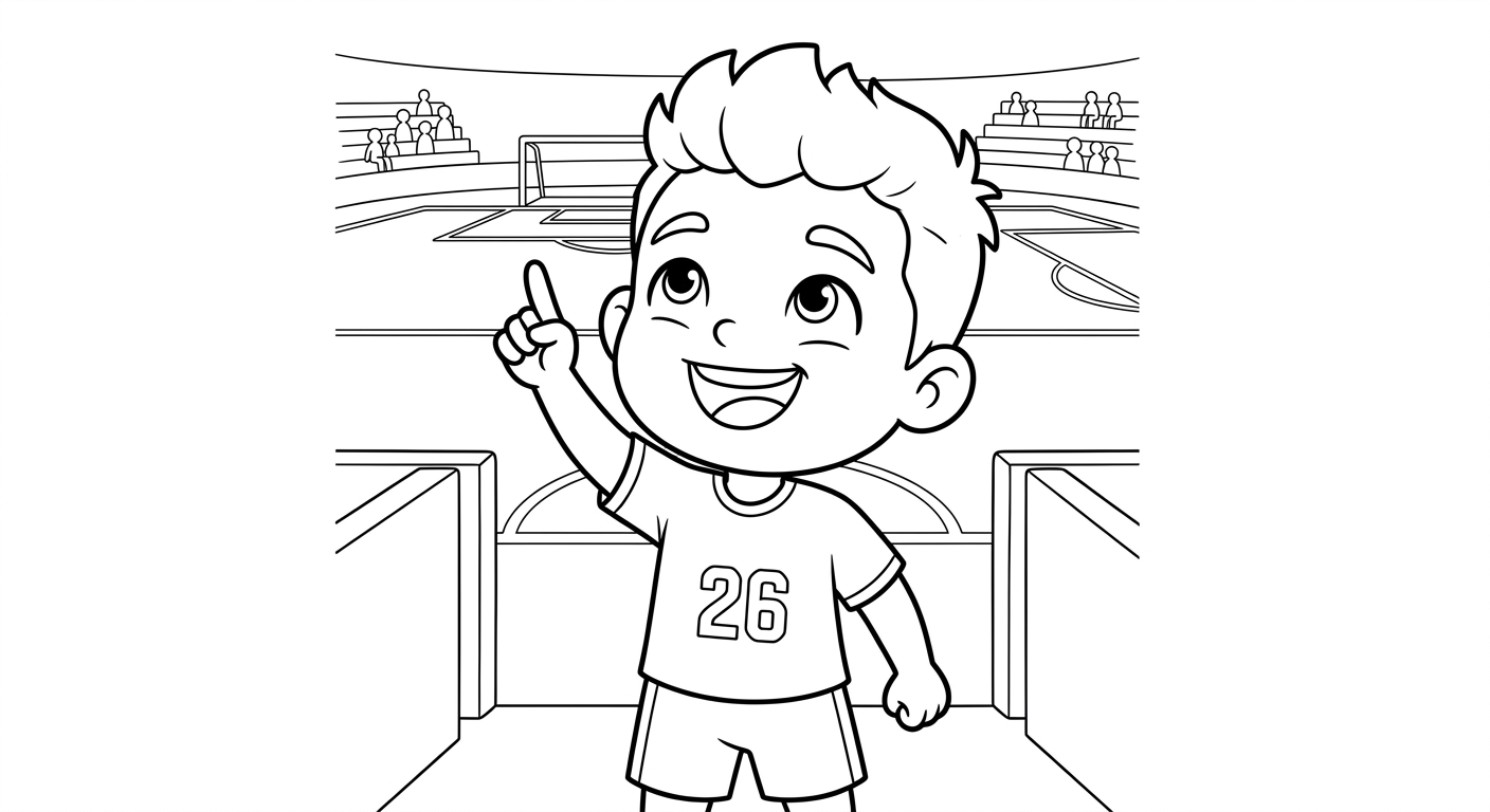 Desenho para colorir do atacante Rayan apontando para o céu no túnel do estádio para imprimir