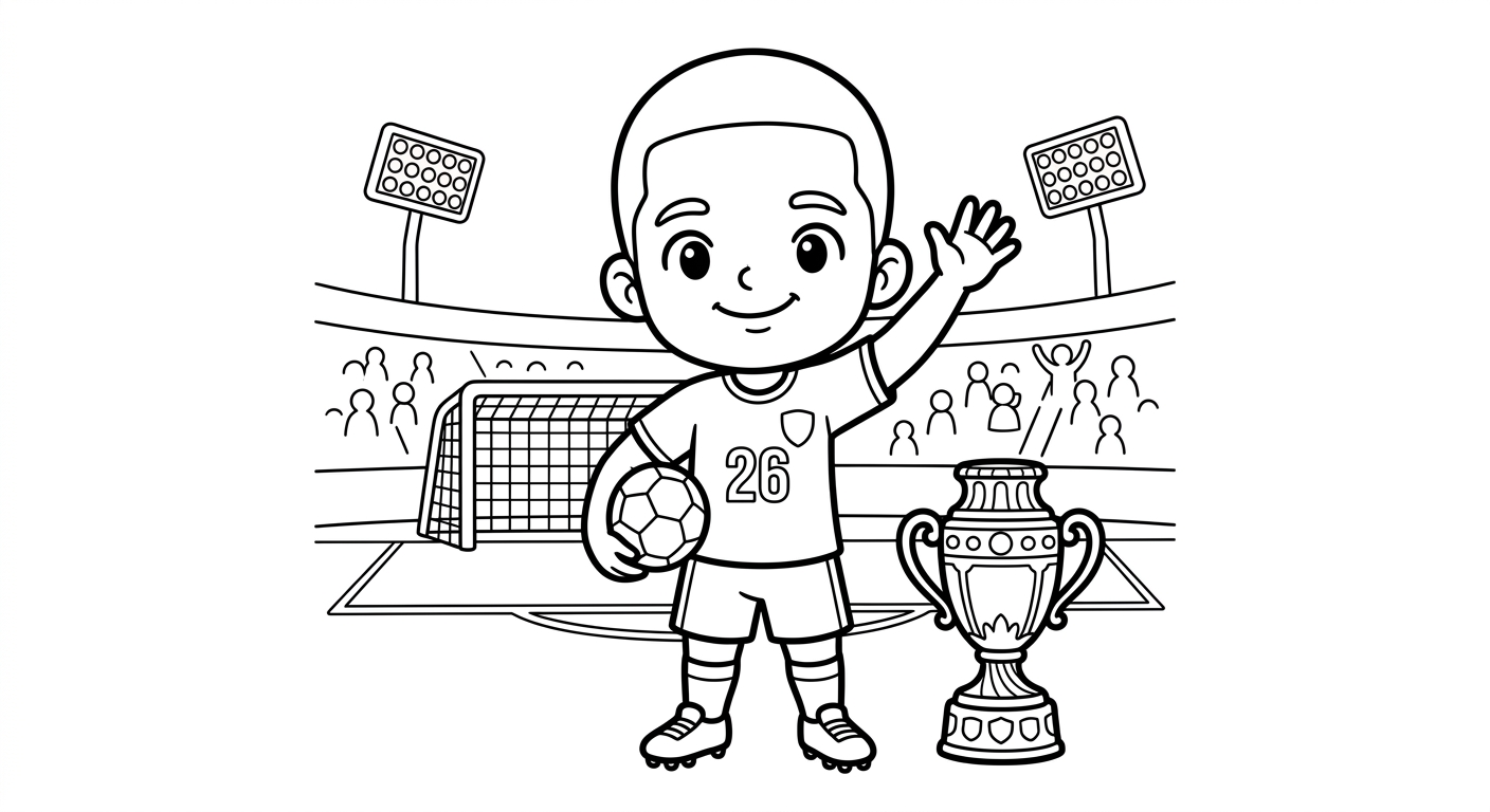 Desenho para colorir do atacante Rayan acenando à torcida, troféu da copa ao lado, para pintar