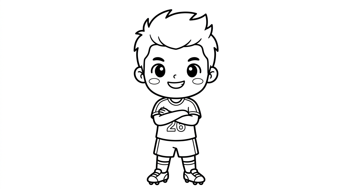 Desenho para colorir de Rayan, atacante, de braços cruzados confiante, isolado em figura inteira centralizada para pintar