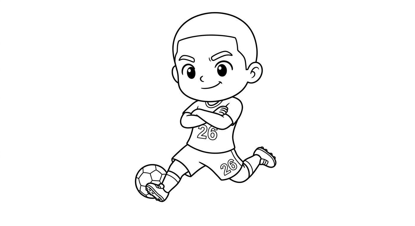 Desenho para colorir do atacante Rayan saltando de braços cruzados em pose confiante para pintar