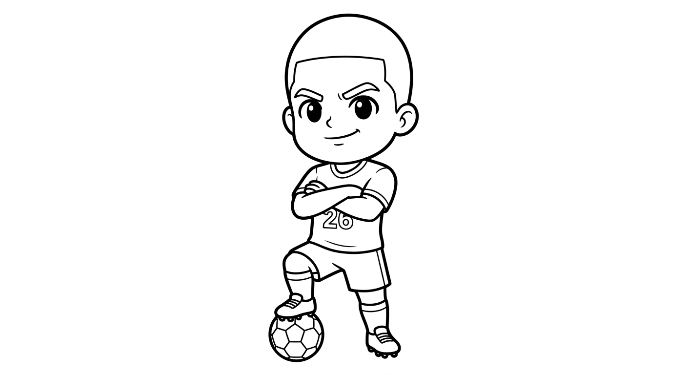 Desenho de Rayan para colorir, atacante visto de baixo com braços cruzados confiante