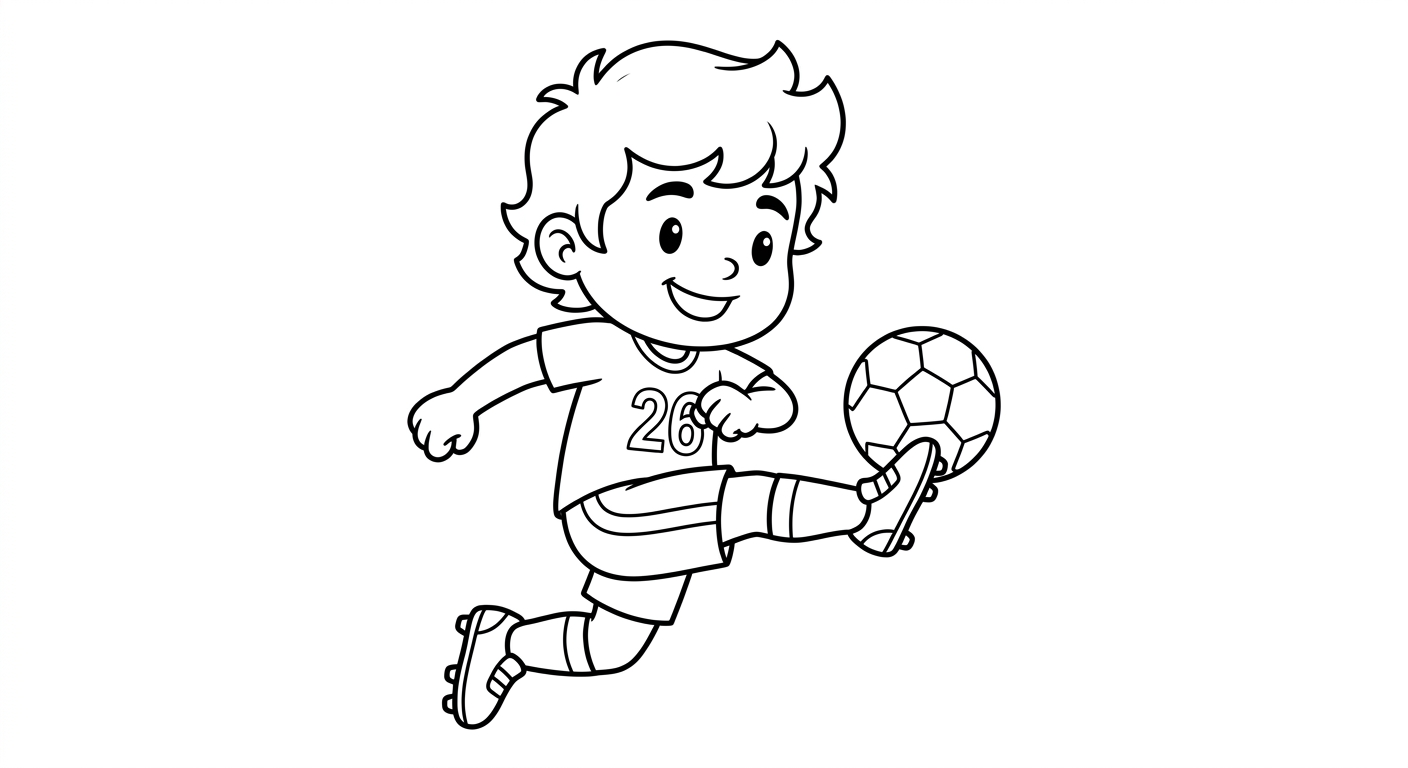Desenho para colorir do atacante Rayan chutando a gol com bola e estrelas decorativas para imprimir