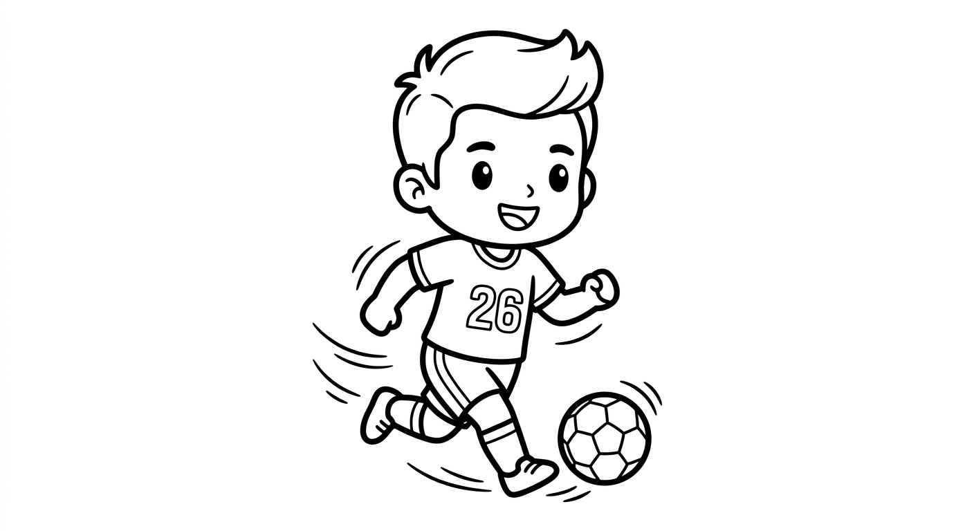 Desenho para colorir do atacante Rayan correndo em disparada com a bola, isolado para pintar