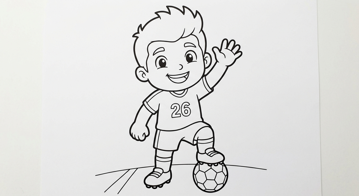 Desenho para colorir do atacante Rayan acenando heroicamente à torcida com bola e estrelas para pintar