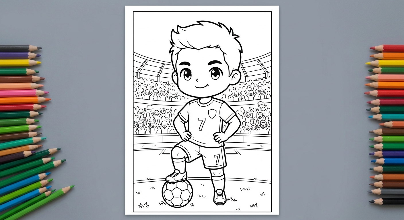 Desenho para colorir do atacante Vinicius Jr em card, bola sob o pé no estádio lotado