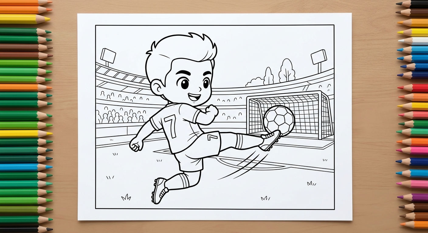 Desenho para colorir do atacante Vinicius Jr chutando forte a gol no gramado do estádio para imprimir