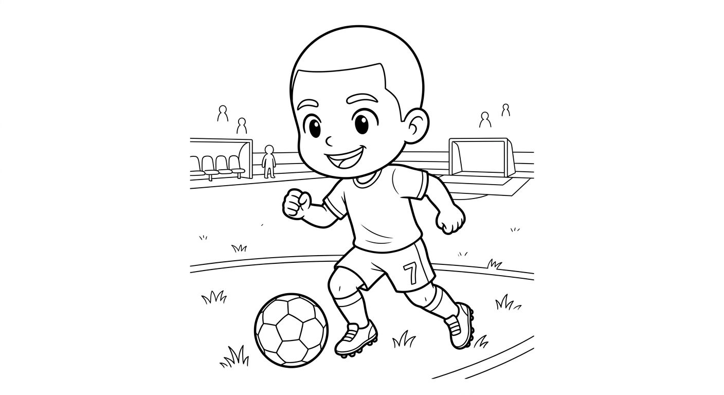 Desenho para colorir do atacante Vinicius Jr driblando com finta no gramado do estádio para imprimir