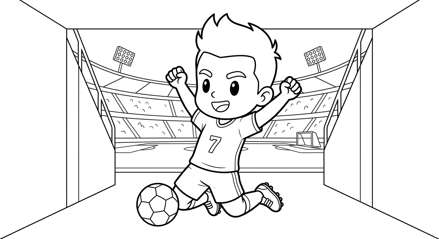 Desenho para colorir do atacante Vinicius Jr comemorando gol deslizando de joelhos no túnel do estádio para pintar