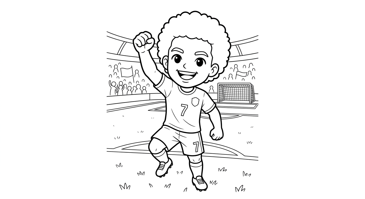 Desenho para colorir do atacante Vinicius em pose heroica comemorando com soco no ar no estádio