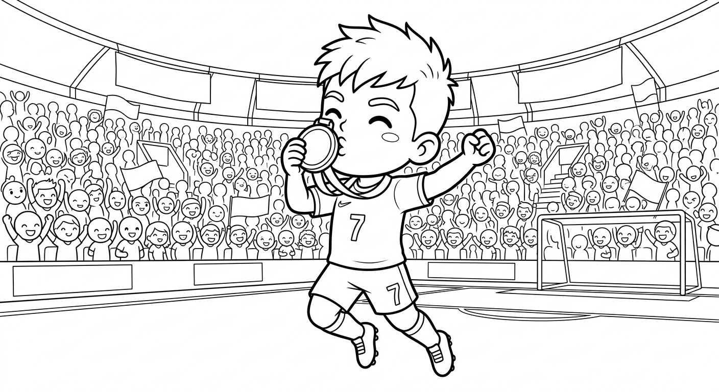Desenho para colorir do atacante Vinicius Jr beijando medalha do título no salto em estádio lotado para imprimir