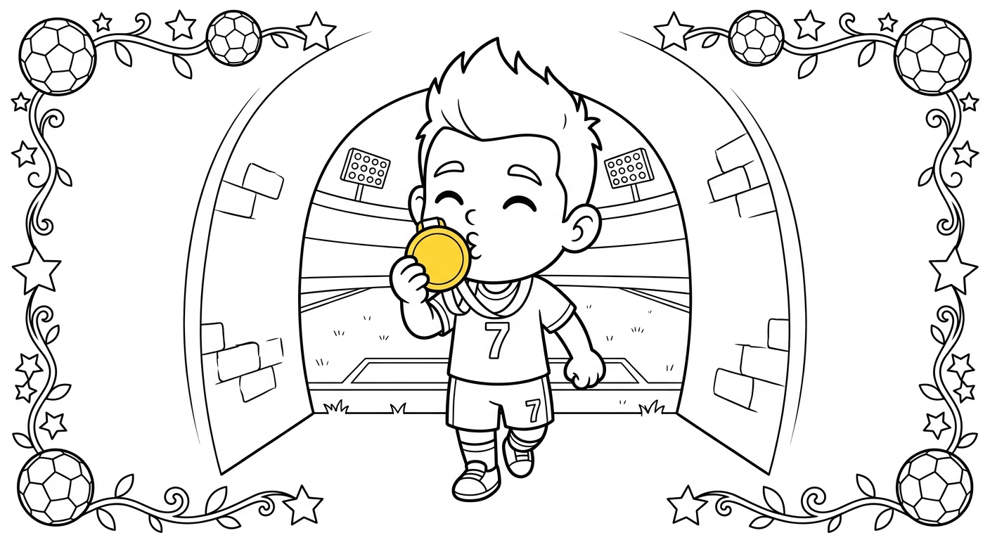 Desenho para colorir do atacante Vinicius beijando medalha de campeão no túnel do estádio, estilo card, para pintar