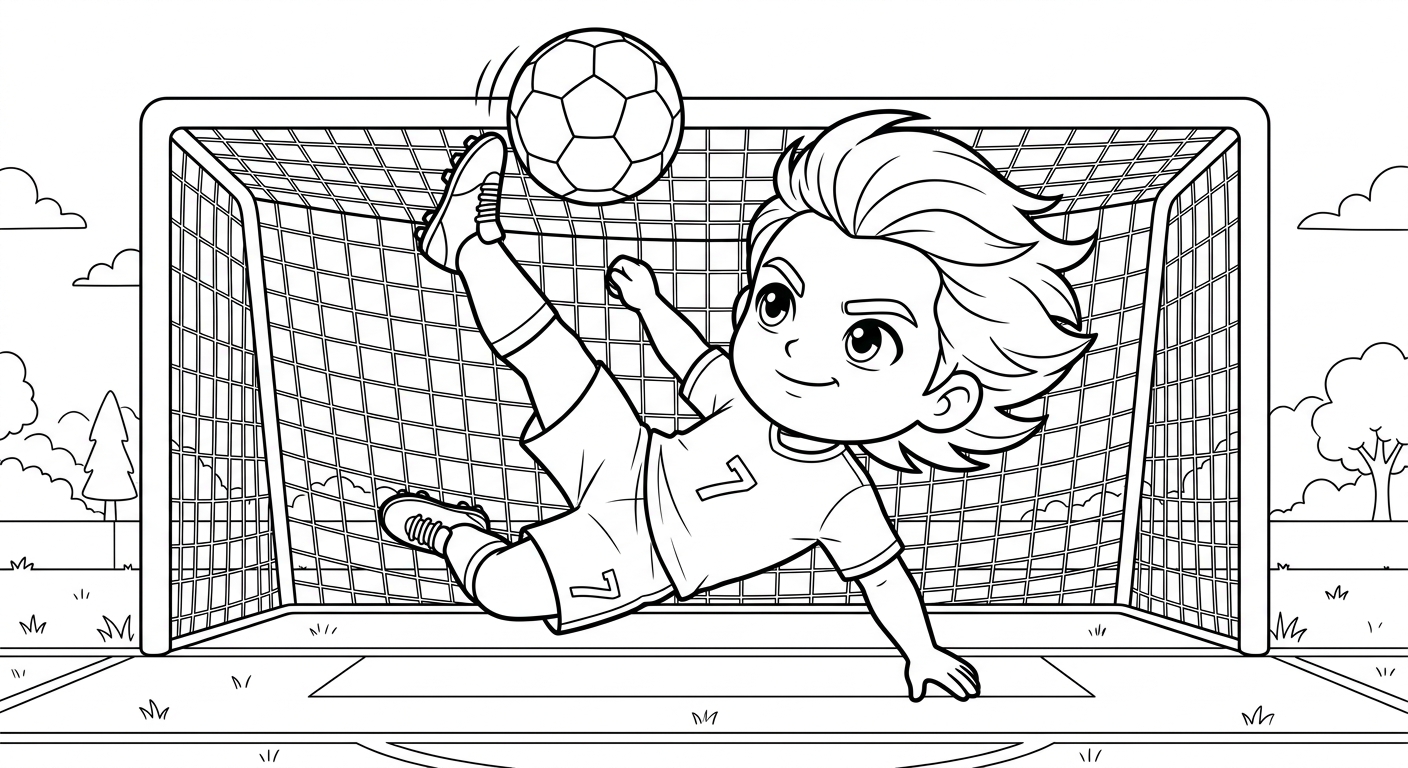Desenho para colorir do atacante Vinicius Jr em bicicleta acrobática diante do gol visto de baixo para imprimir