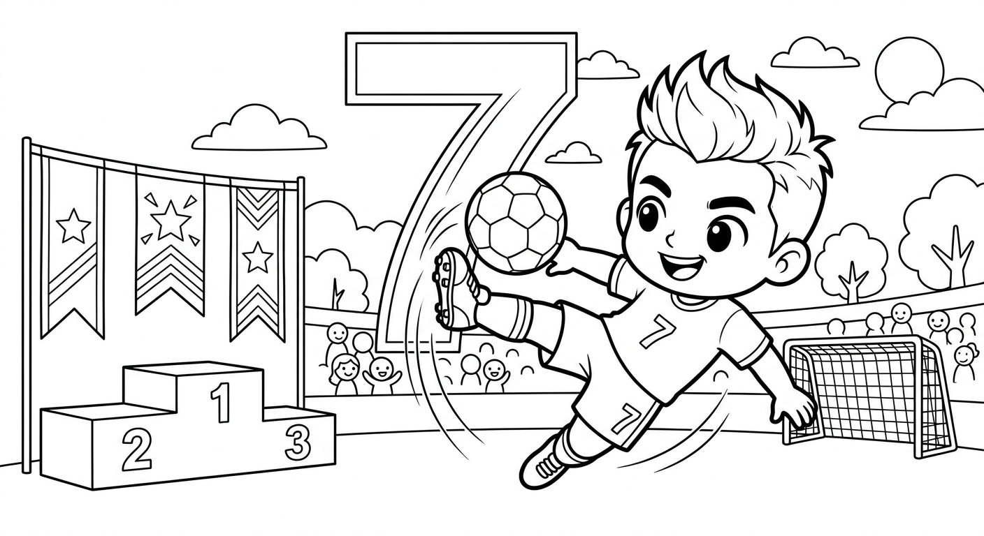Desenho para colorir do atacante Vinicius Jr de bicicleta acrobática no pódio, com número ao fundo para pintar
