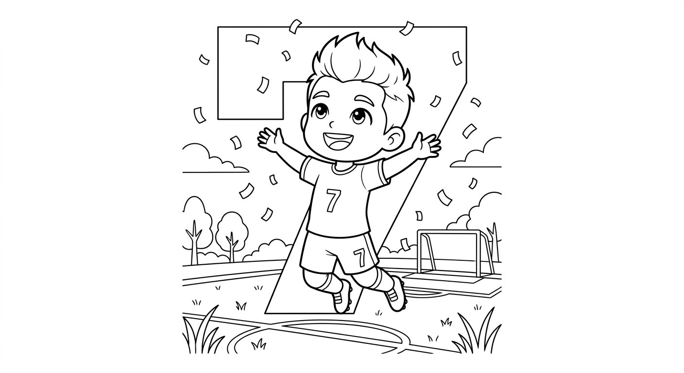 Desenho para colorir do atacante Vinicius Jr cabeceando alto entre confetes, número grande ao fundo para pintar