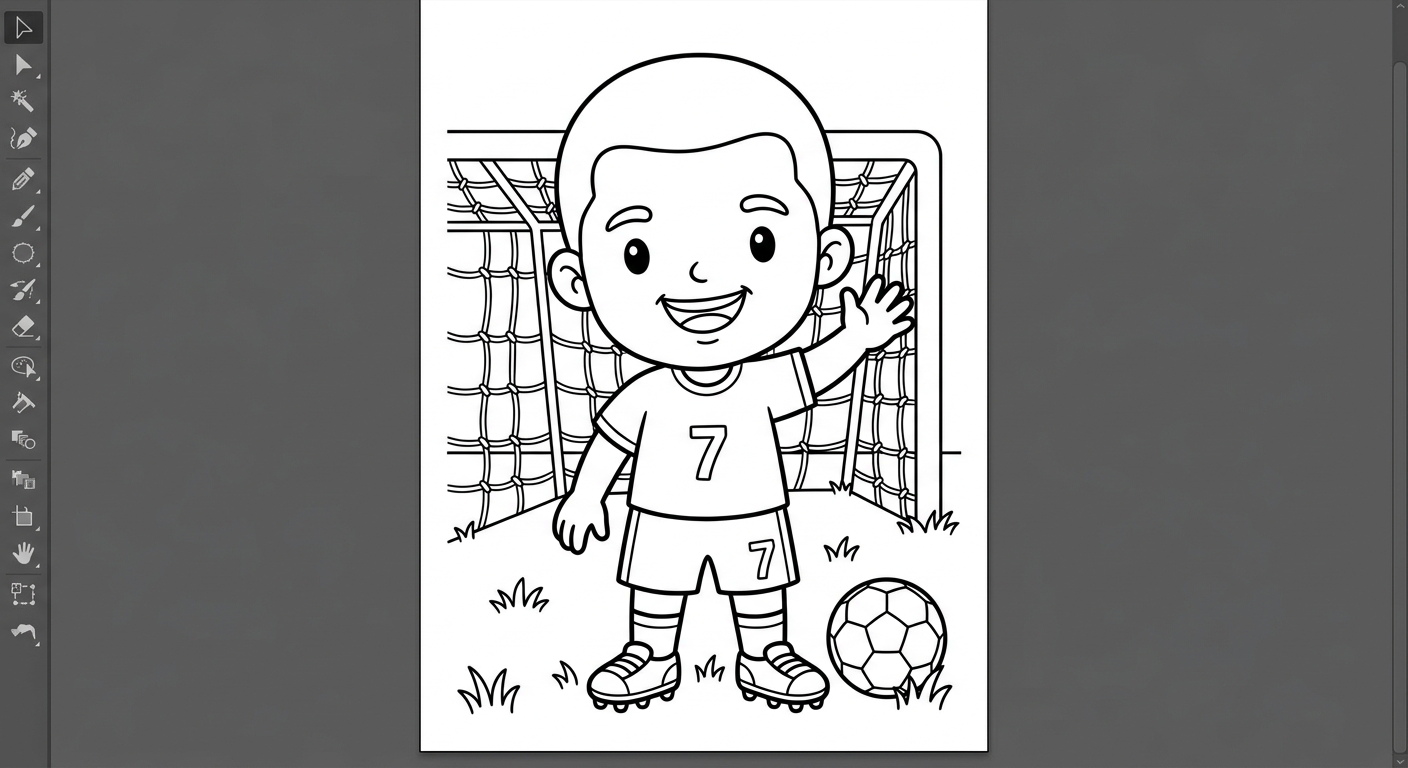 Desenho para colorir do atacante Vinicius Jr acenando à torcida diante do gol para pintar
