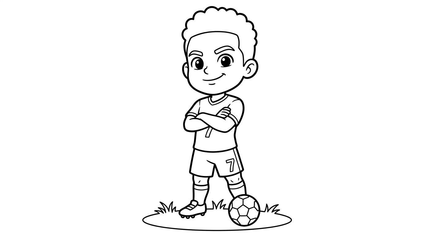 Desenho para colorir do atacante Vinicius Jr isolado, de braços cruzados em pose heroica para pintar