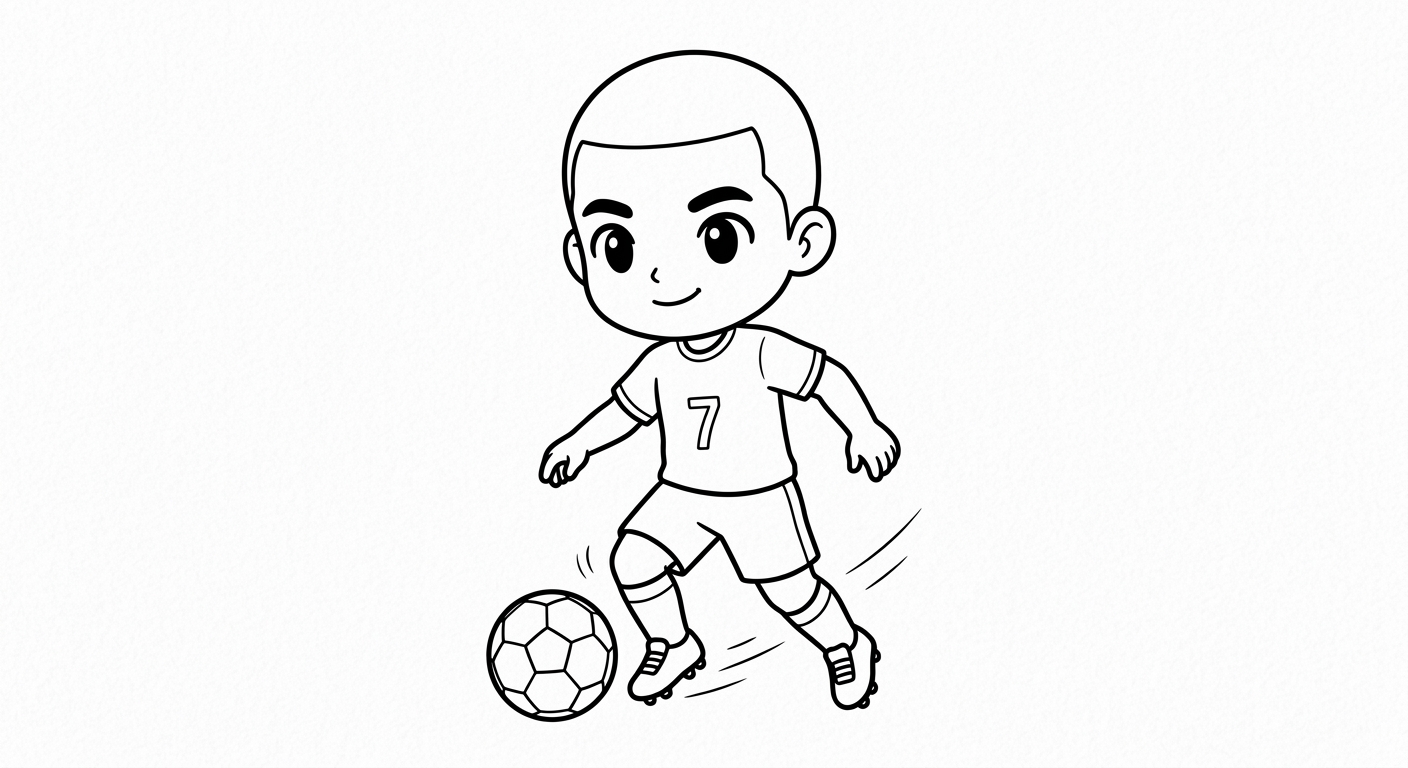 Desenho para colorir do atacante Vinicius Jr fintando em pose heroica com bola e estrelas decorativas para pintar